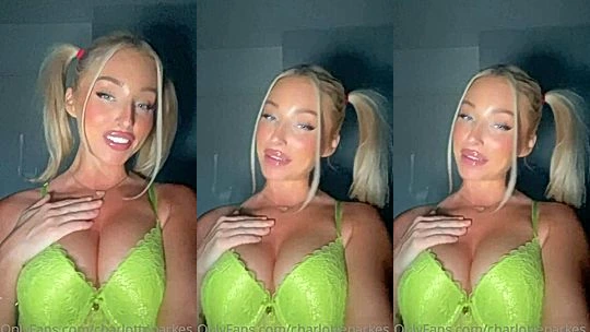 Charlotte Parkes teasing her perky tits in green lingerie