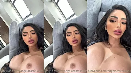 Angela Castellanos flashing her naked tits on the sofa