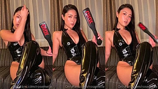 sexy japanese Rose Melle teasing in her latex lingerie