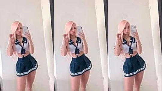 Vyvan Le showing off her scholgirl outfit