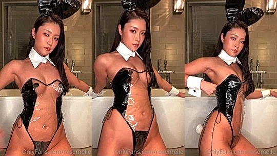 asian bunny slut Rose Melle in full latex lingerie
