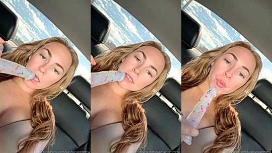 Kay Hansen sucking and fucking a dildo in the car