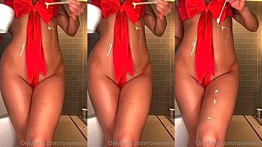 sexy asian Rose Melle teasing in he wet ribbon lingerie