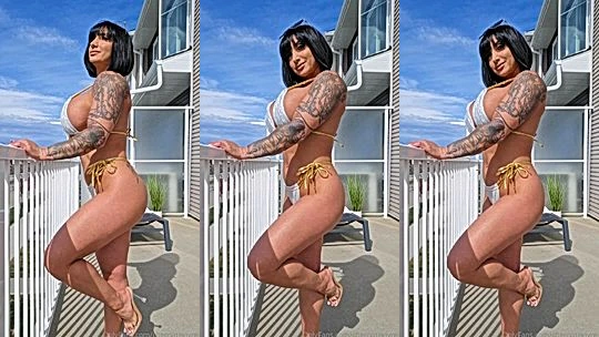 fit sexy bbbe Cherry Devivre bikini posing on the veranda